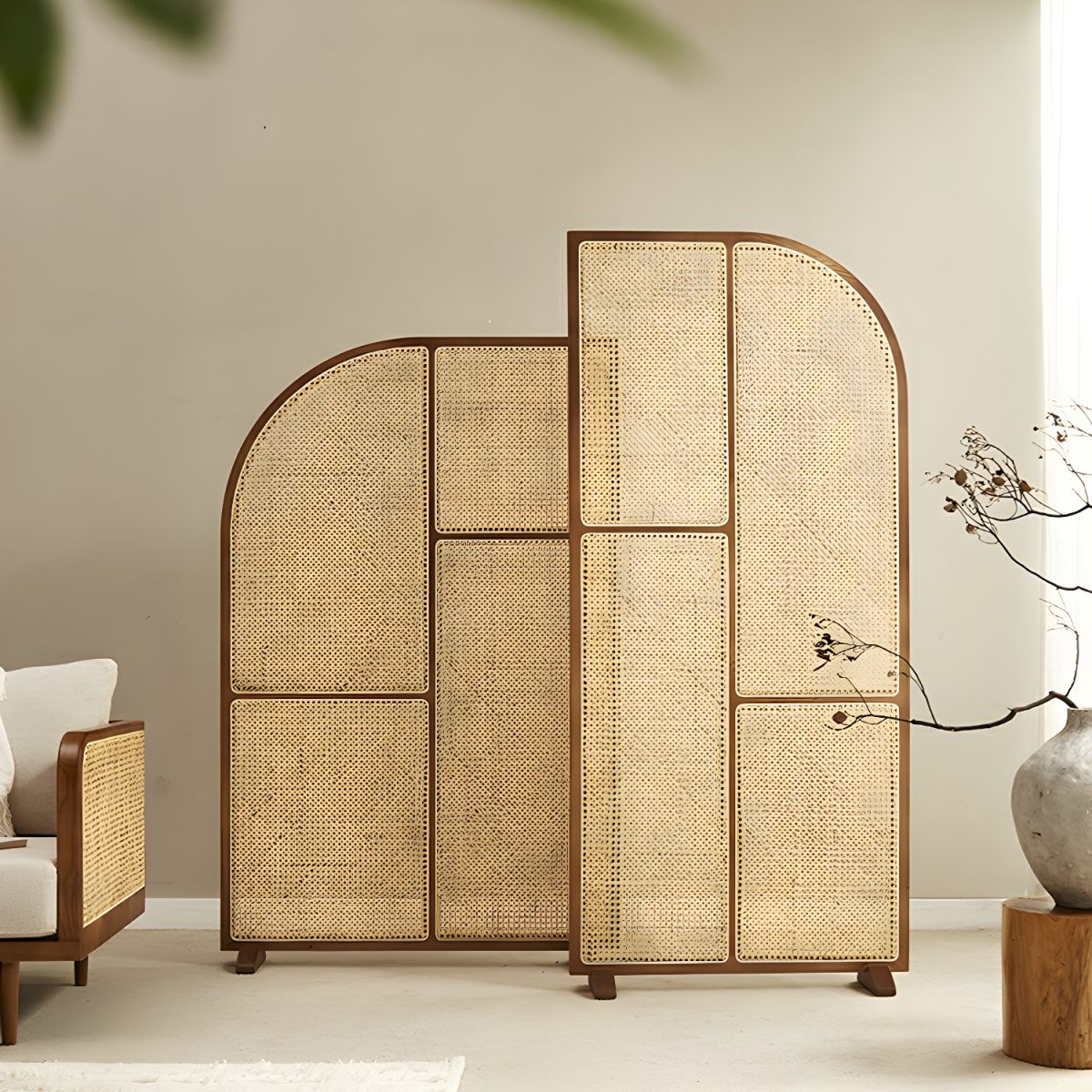 Modern Freestanding Ash Wood Room Divider with Rattan Screen Panel.