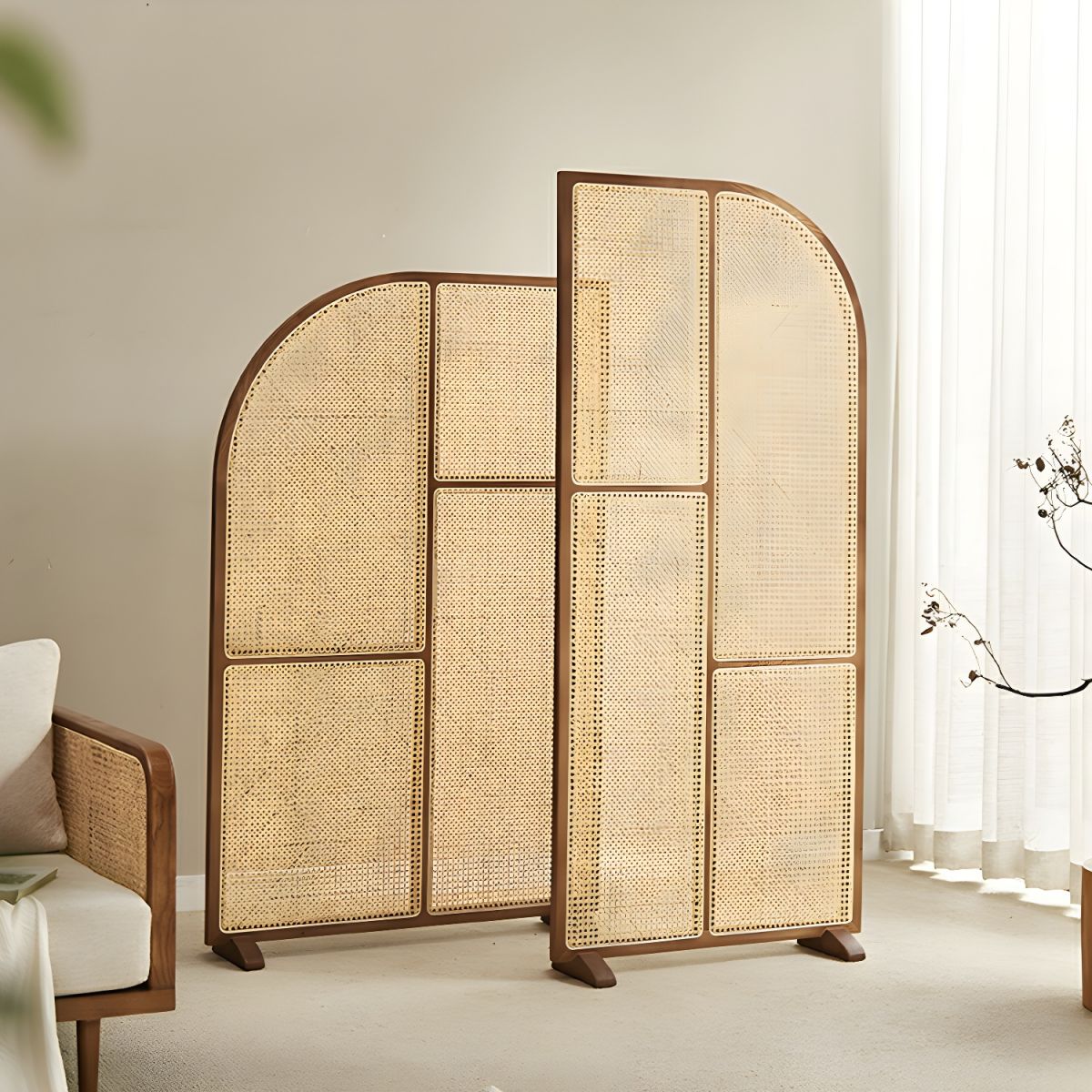 Modern Freestanding Ash Wood Room Divider with Rattan Screen Panel.
