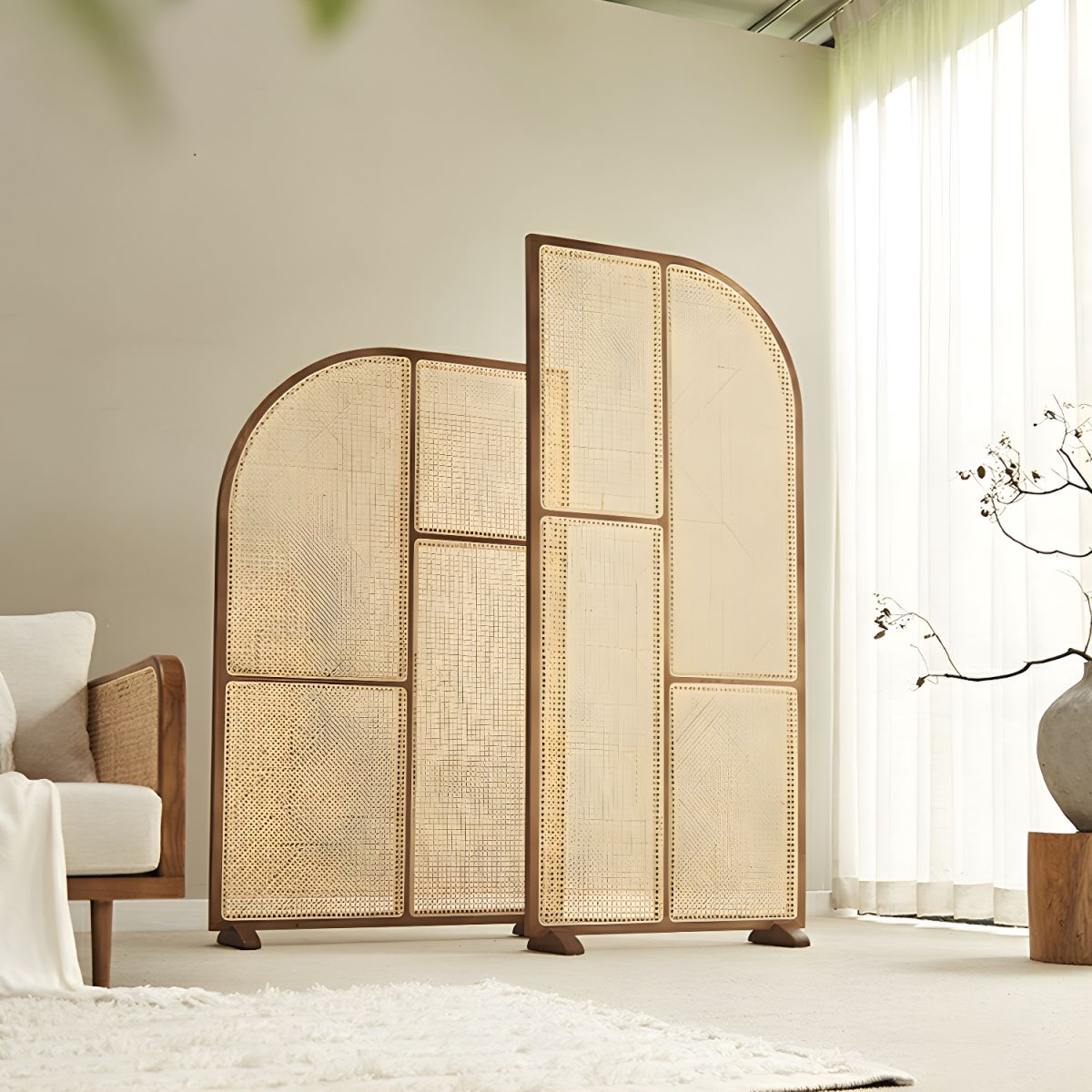 Modern Freestanding Ash Wood Room Divider with Rattan Screen Panel.