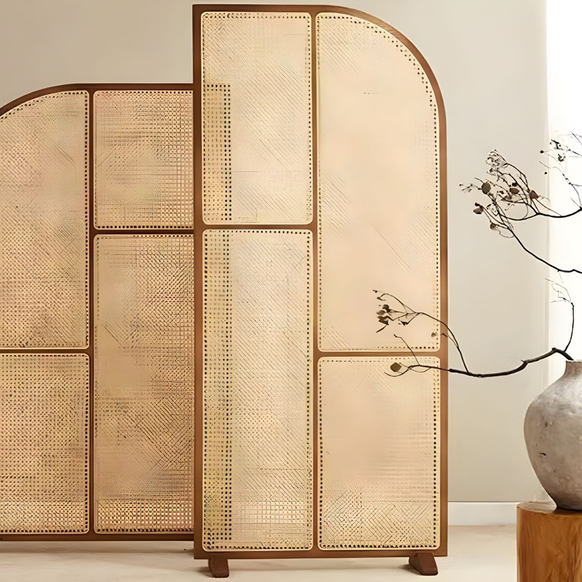 Modern Freestanding Ash Wood Room Divider with Rattan Screen Panel.