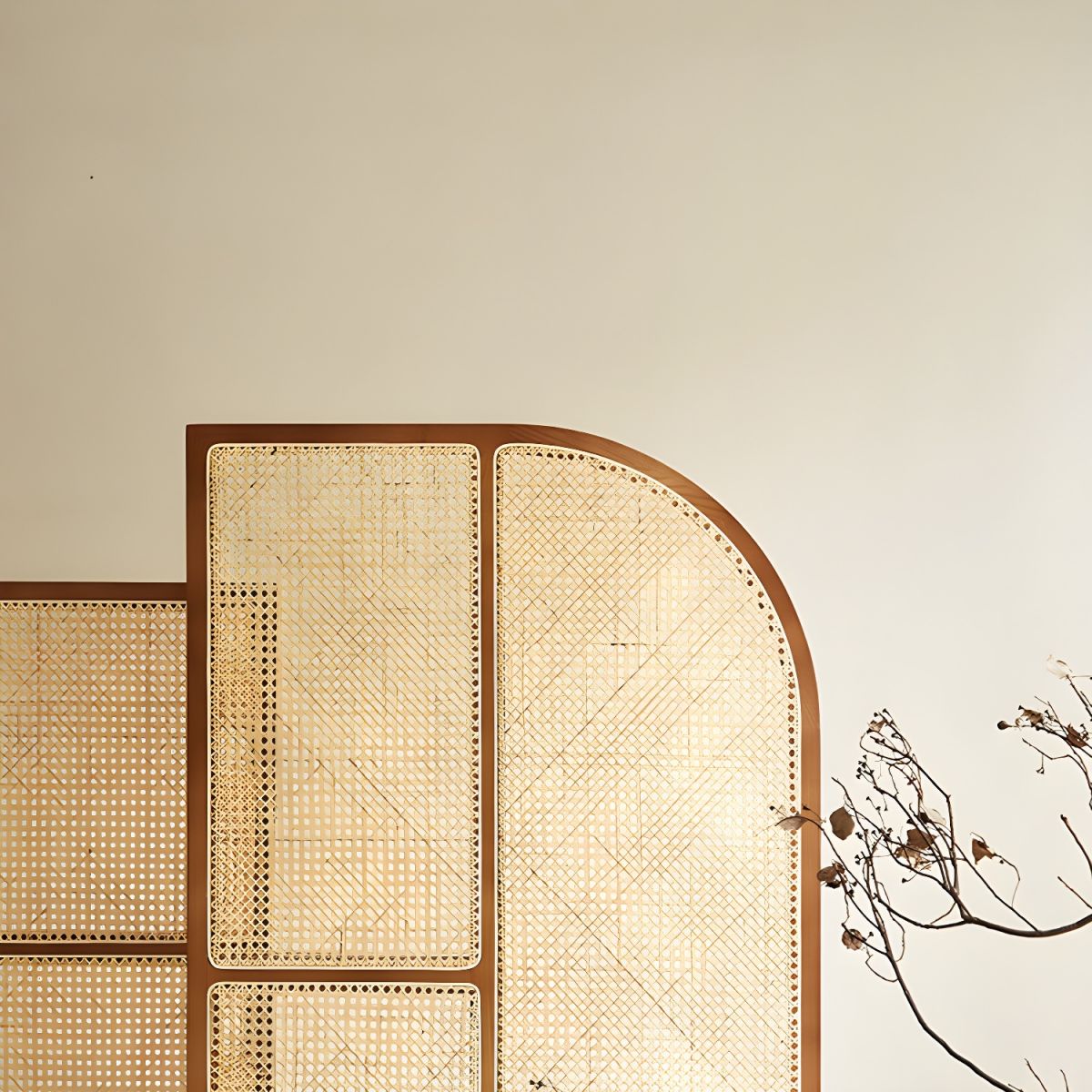 Modern Freestanding Ash Wood Room Divider with Rattan Screen Panel.