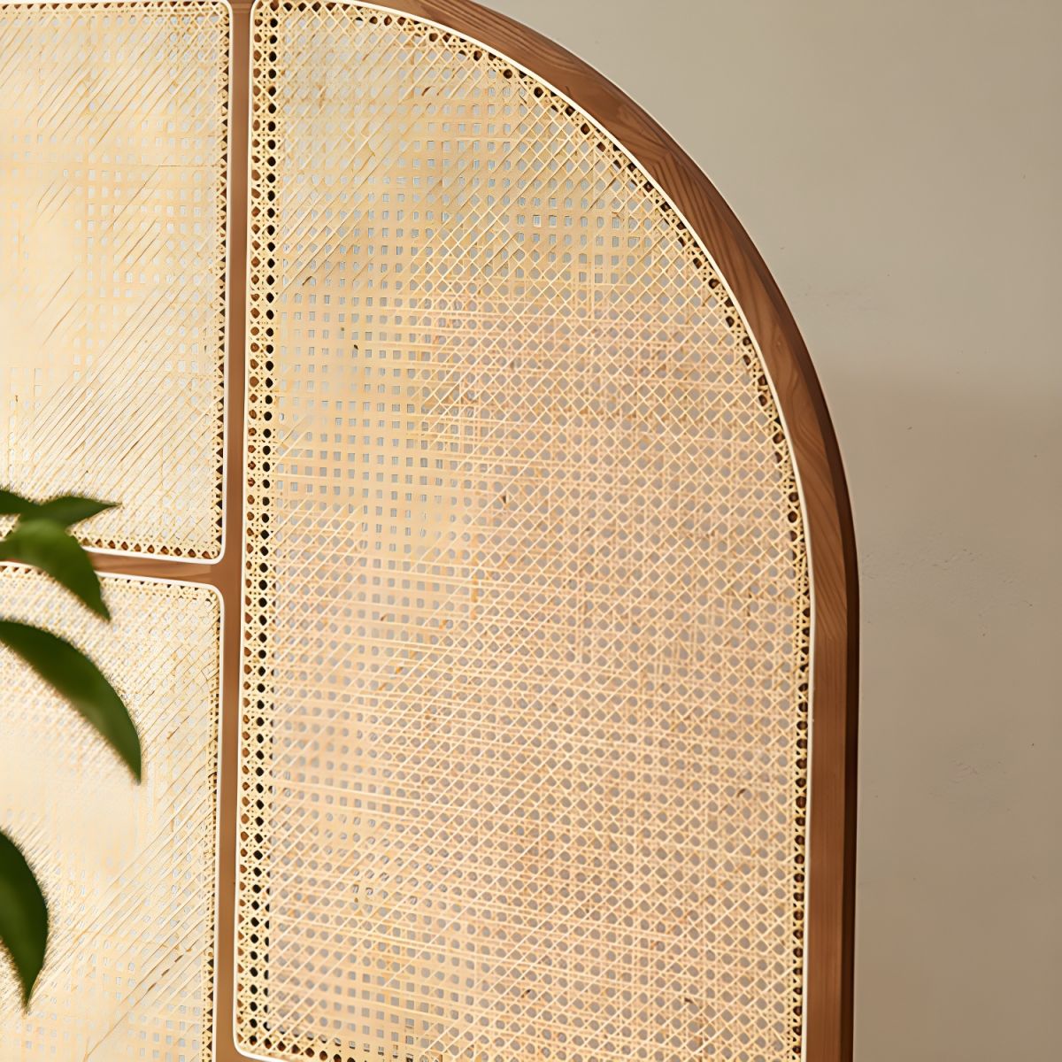Modern Freestanding Ash Wood Room Divider with Rattan Screen Panel.