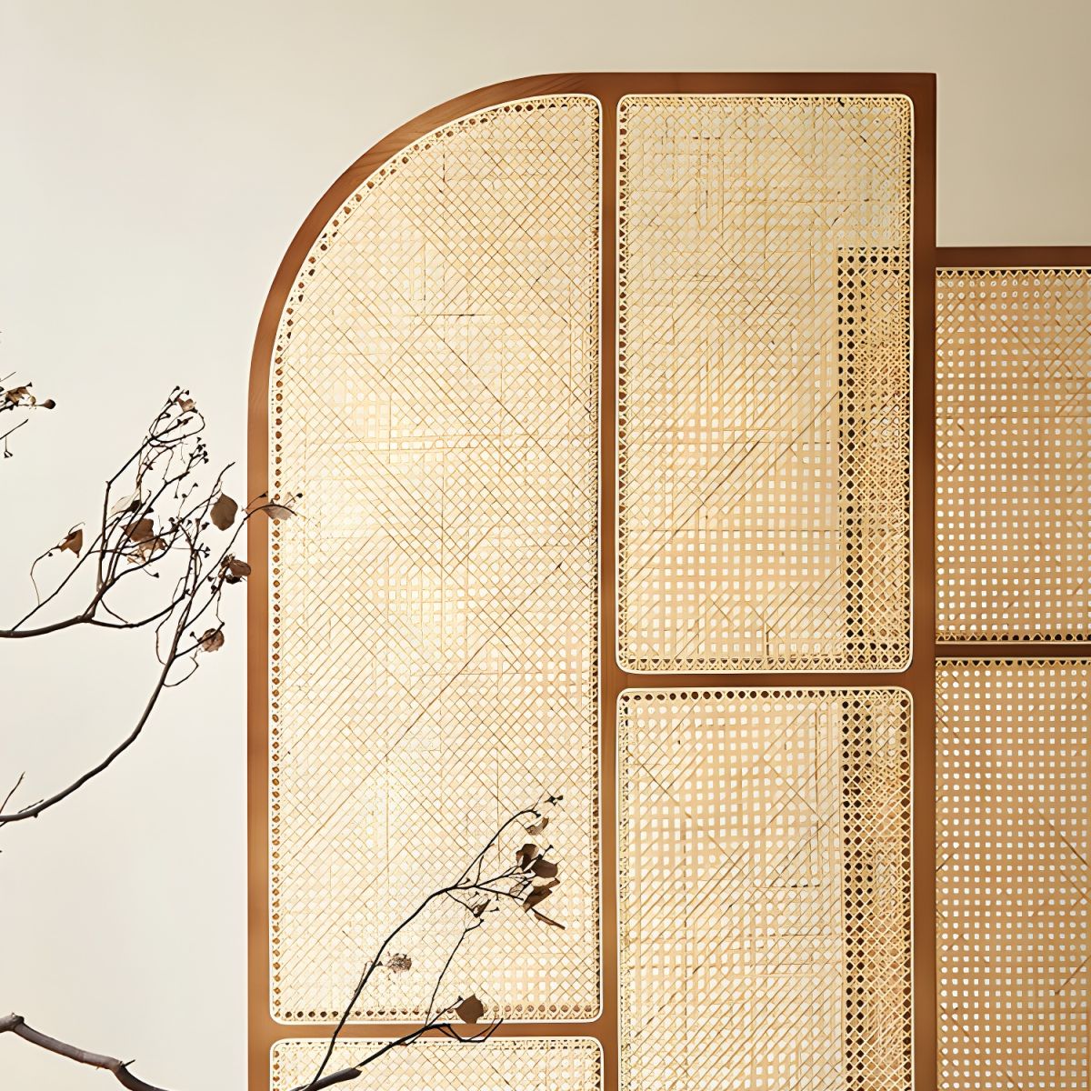 Modern Freestanding Ash Wood Room Divider with Rattan Screen Panel.