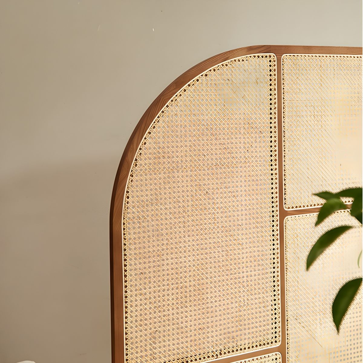 Modern Freestanding Ash Wood Room Divider with Rattan Screen Panel.