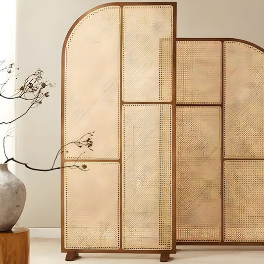 Modern Freestanding Ash Wood Room Divider with Rattan Screen Panel.