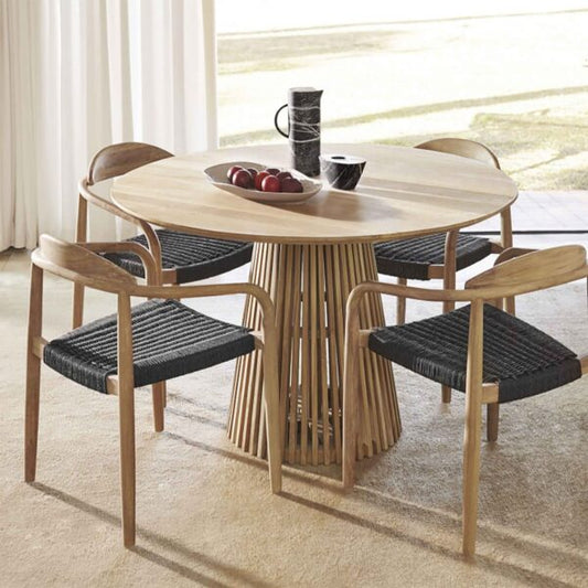 Simple Wood Dining Table With 4 Rattan Chairs