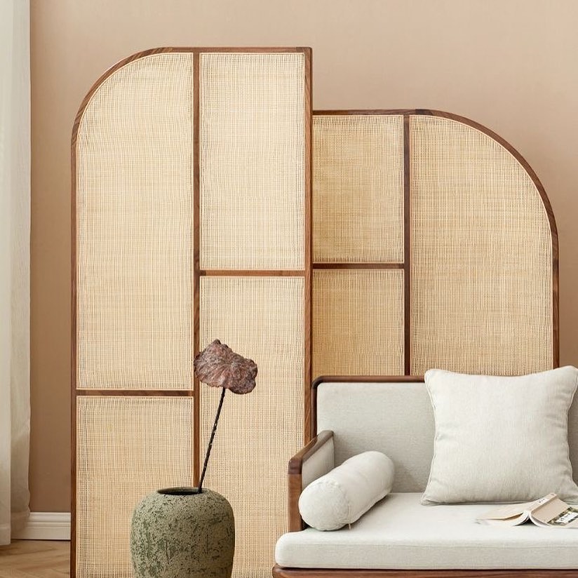 Modern Freestanding Ash Wood Room Divider with Rattan Screen Panel.