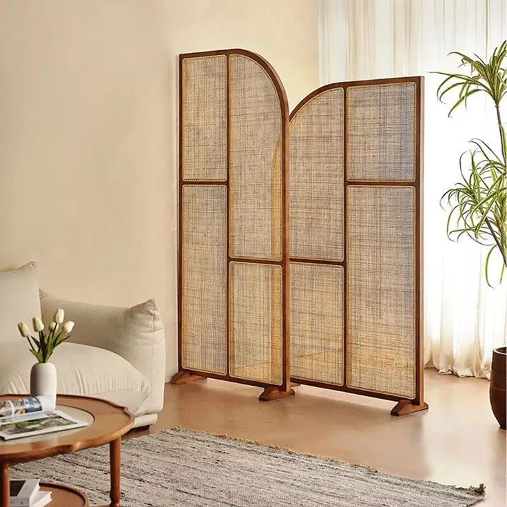Modern Freestanding Ash Wood Room Divider with Rattan Screen Panel.