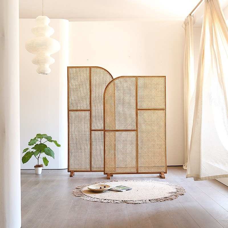 Modern Freestanding Ash Wood Room Divider with Rattan Screen Panel.