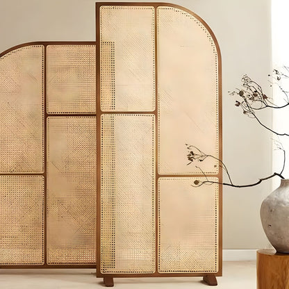 Modern Freestanding Ash Wood Room Divider with Rattan Screen Panel.