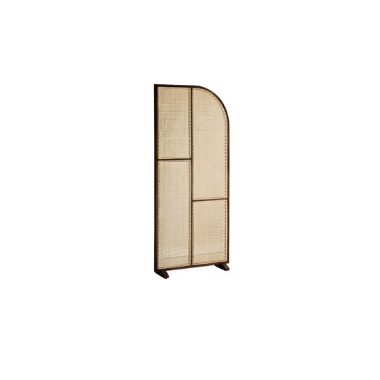 Modern Freestanding Ash Wood Room Divider with Rattan Screen Panel.