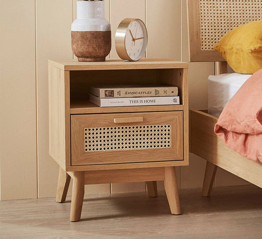 Small wooden lampshade bedside table with shelf and drawer