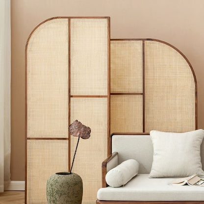 Modern Freestanding Ash Wood Room Divider with Rattan Screen Panel.