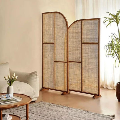 Modern Freestanding Ash Wood Room Divider with Rattan Screen Panel.