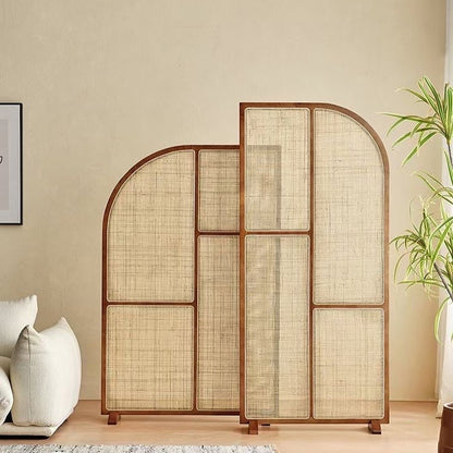 Modern Freestanding Ash Wood Room Divider with Rattan Screen Panel.