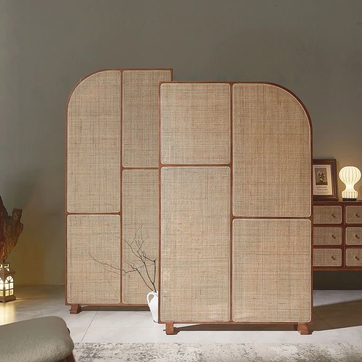 Modern Freestanding Ash Wood Room Divider with Rattan Screen Panel.