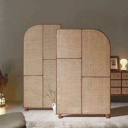 Modern Freestanding Ash Wood Room Divider with Rattan Screen Panel.
