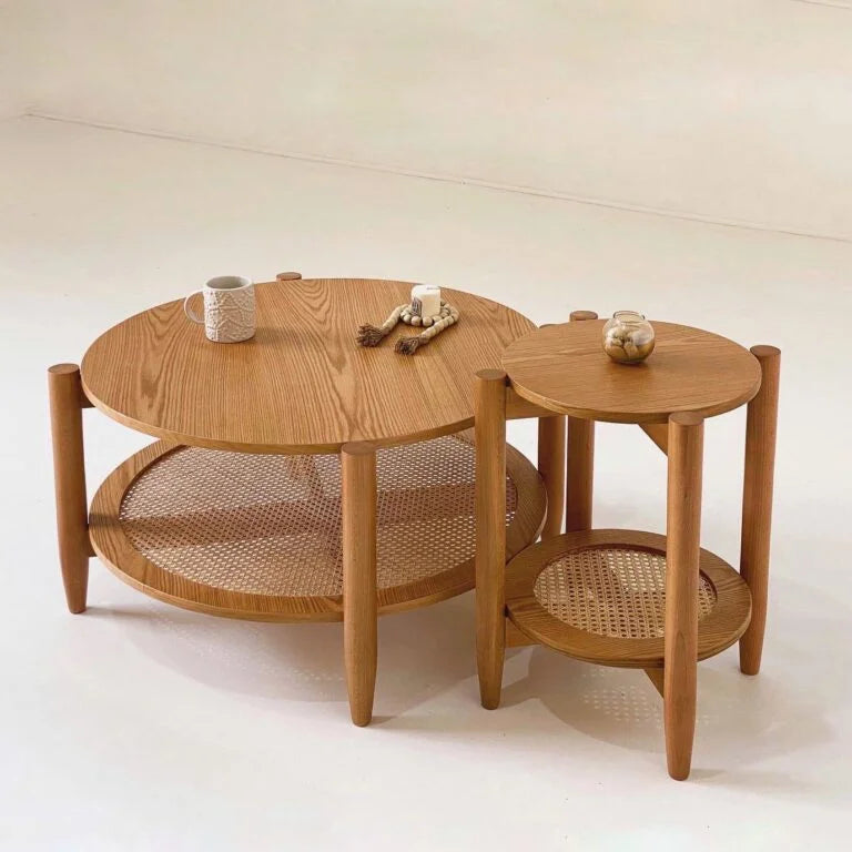 Rattan Round Coffee & Side Table Set - 2P