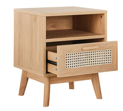 Small wooden lampshade bedside table with shelf and drawer