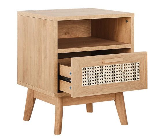 Small wooden lampshade bedside table with shelf and drawer